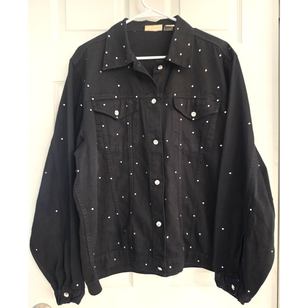 Vintage Y2K MiL Designs Rhinestone Studded Black Denim Jacket Shirt XL Cotton